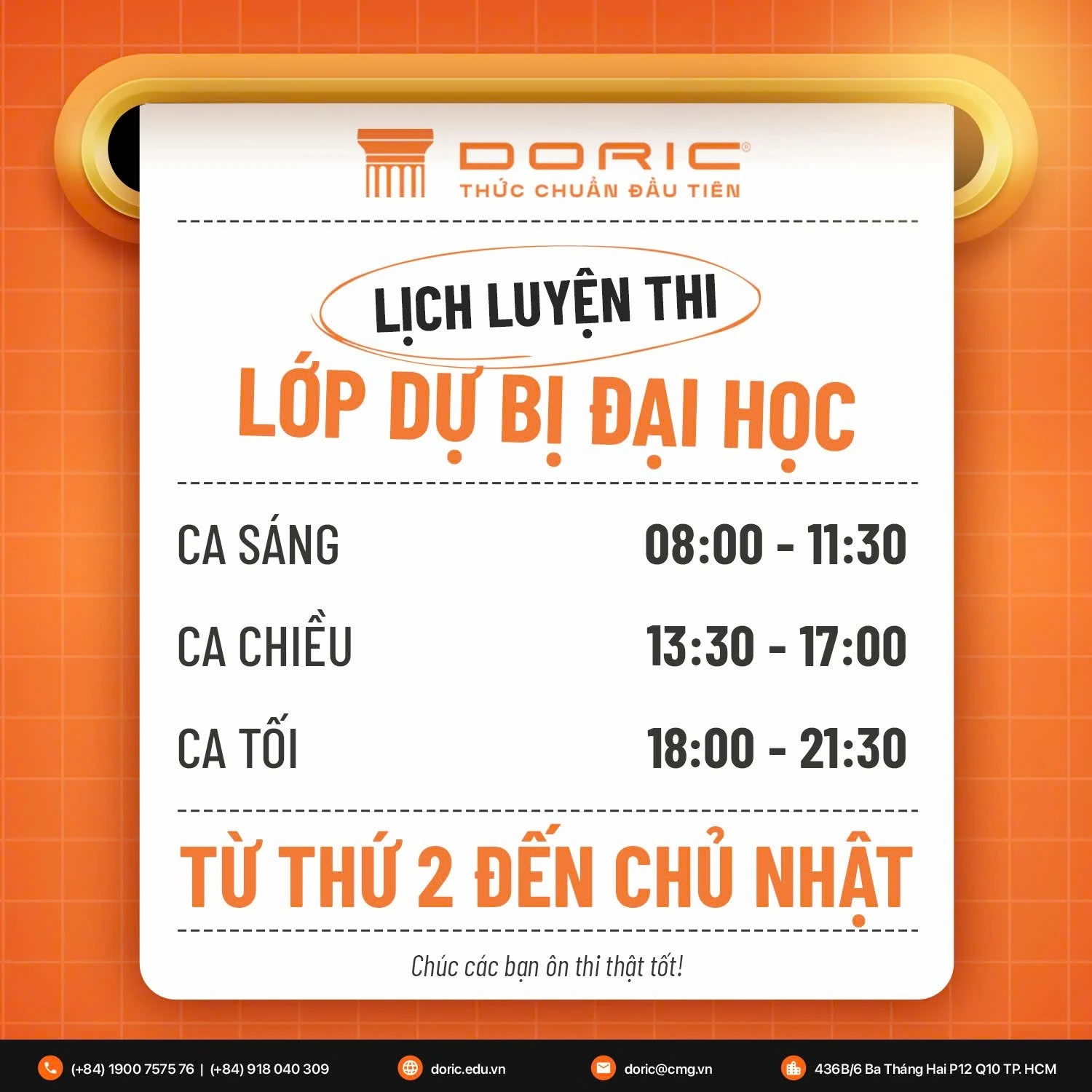 Lịch luyện thi lớp dự bị đại học DORIC